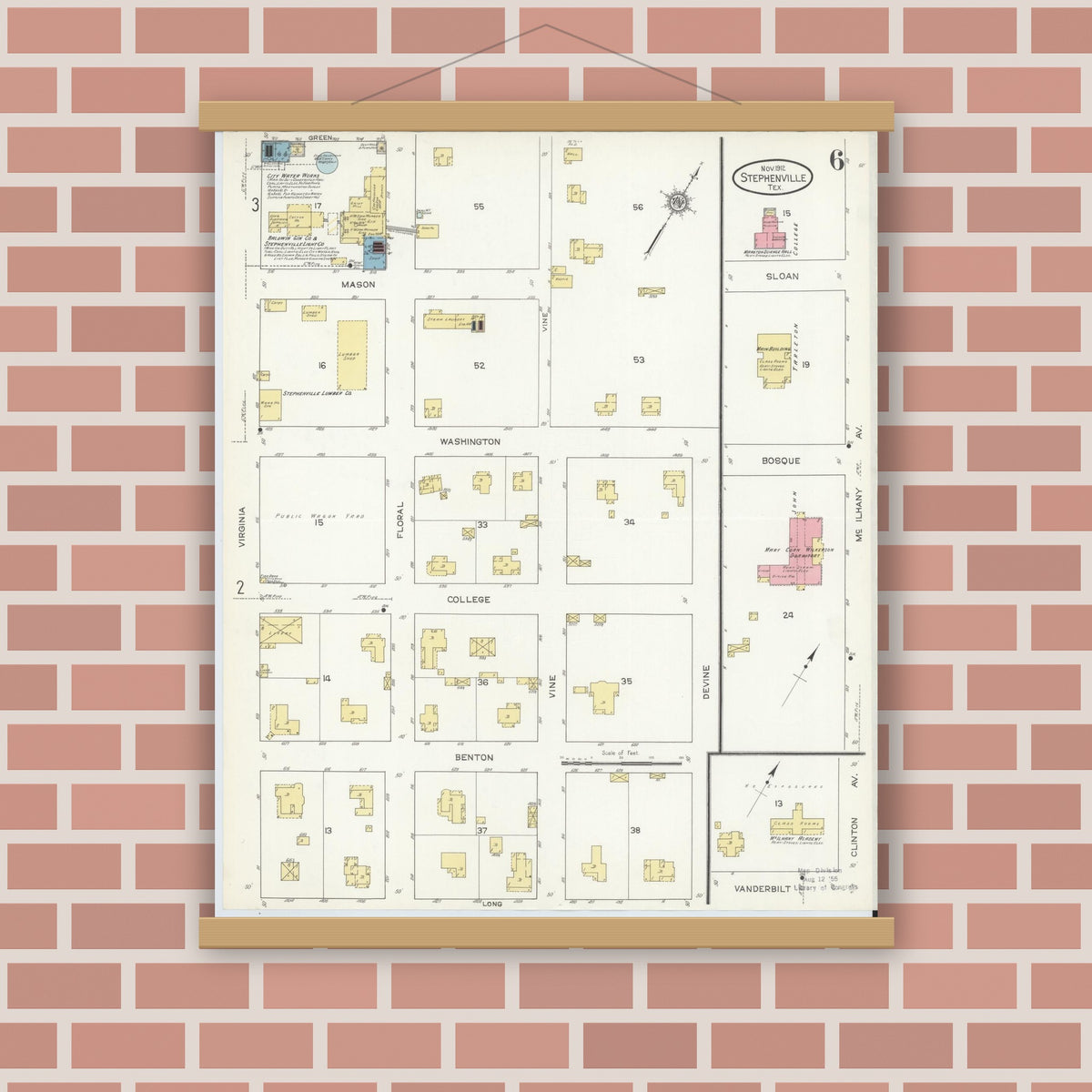 Old map wall art mockup — magnetic wood frame on brick wall — Sanborn Fire Insurance Map from Stephenville, Erath County, Texas (1912), Sheet #0006
