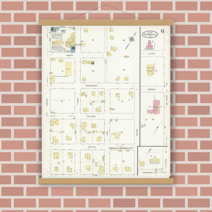 Old map wall art mockup — magnetic wood frame on brick wall — Sanborn Fire Insurance Map from Stephenville, Erath County, Texas (1912), Sheet #0006