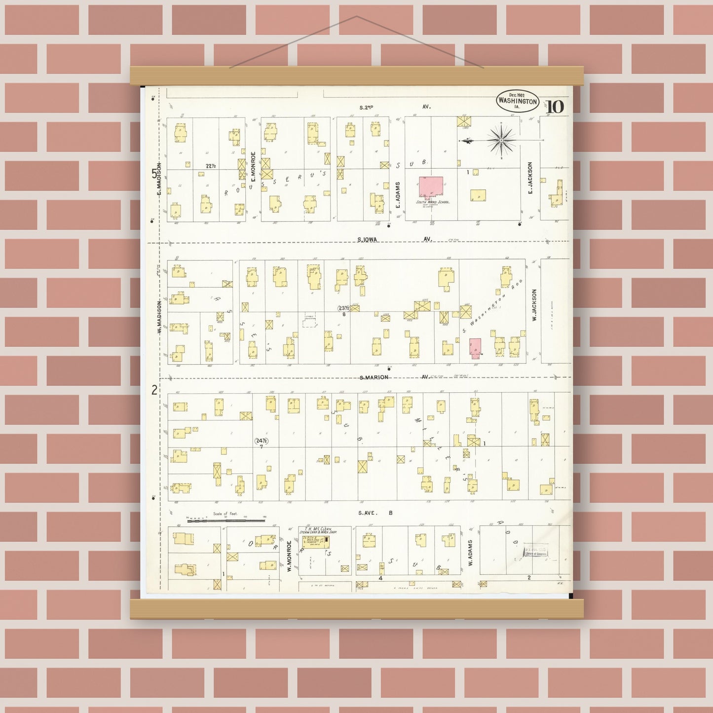 Old map wall art mockup — magnetic wood frame on brick wall — Sanborn Fire Insurance Map from Washington, Washington County, Iowa (1902), Sheet #0010
