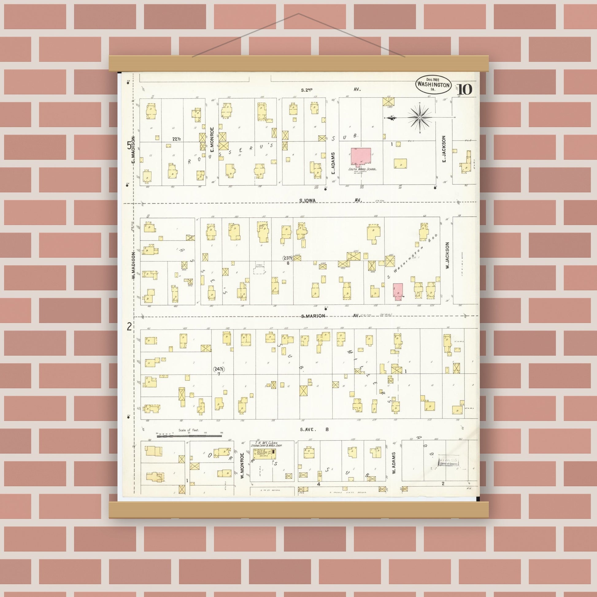 Old map wall art mockup — magnetic wood frame on brick wall — Sanborn Fire Insurance Map from Washington, Washington County, Iowa (1902), Sheet #0010