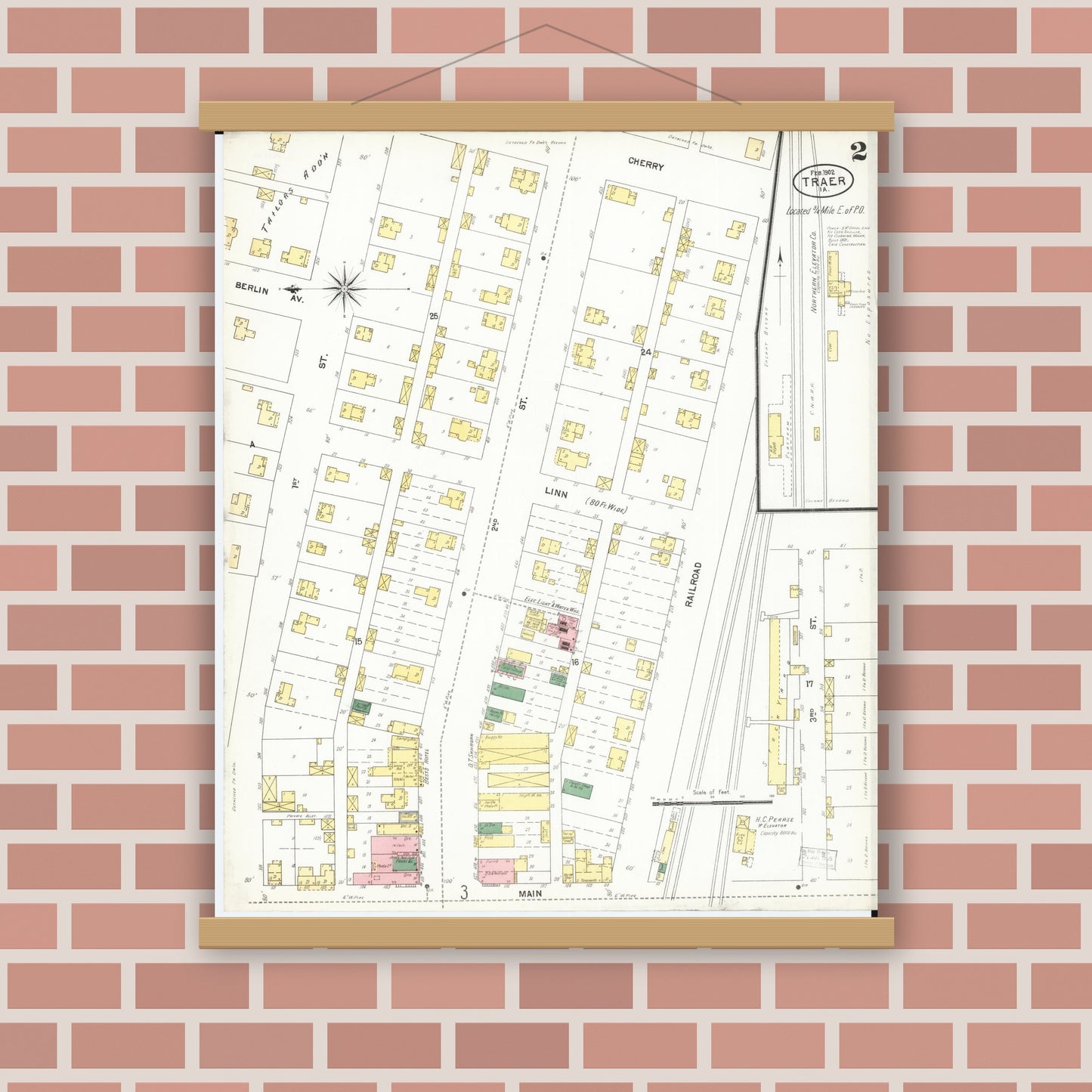 Old map wall art mockup — magnetic wood frame on brick wall — Sanborn Fire Insurance Map from Traer, Tama County, Iowa (1902), Sheet #0002