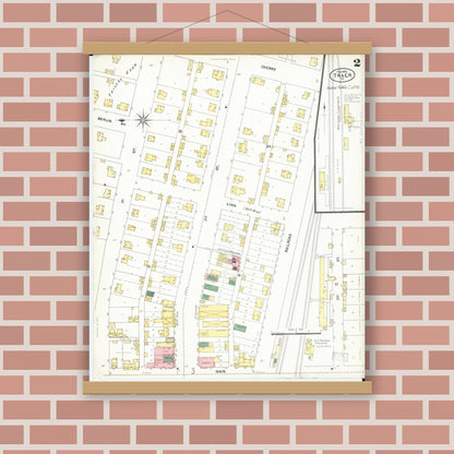 Old map wall art mockup — magnetic wood frame on brick wall — Sanborn Fire Insurance Map from Traer, Tama County, Iowa (1902), Sheet #0002