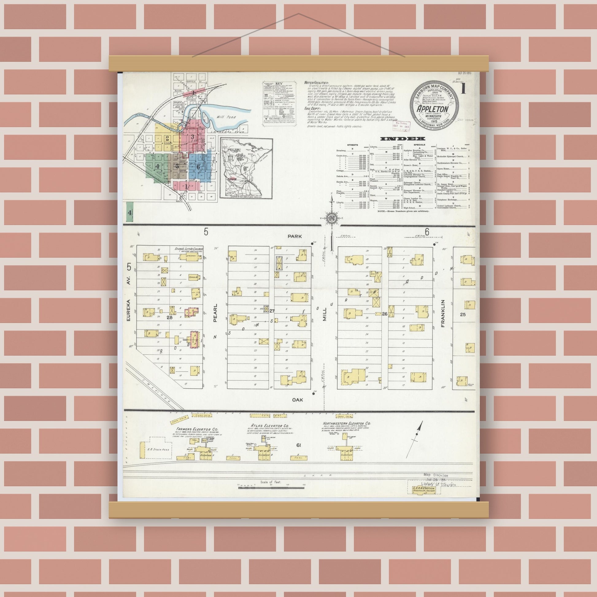Old map wall art mockup — magnetic wood frame on brick wall — Sanborn Fire Insurance Map from Appleton, Swift County, Minnesota (1915), Sheet #0001