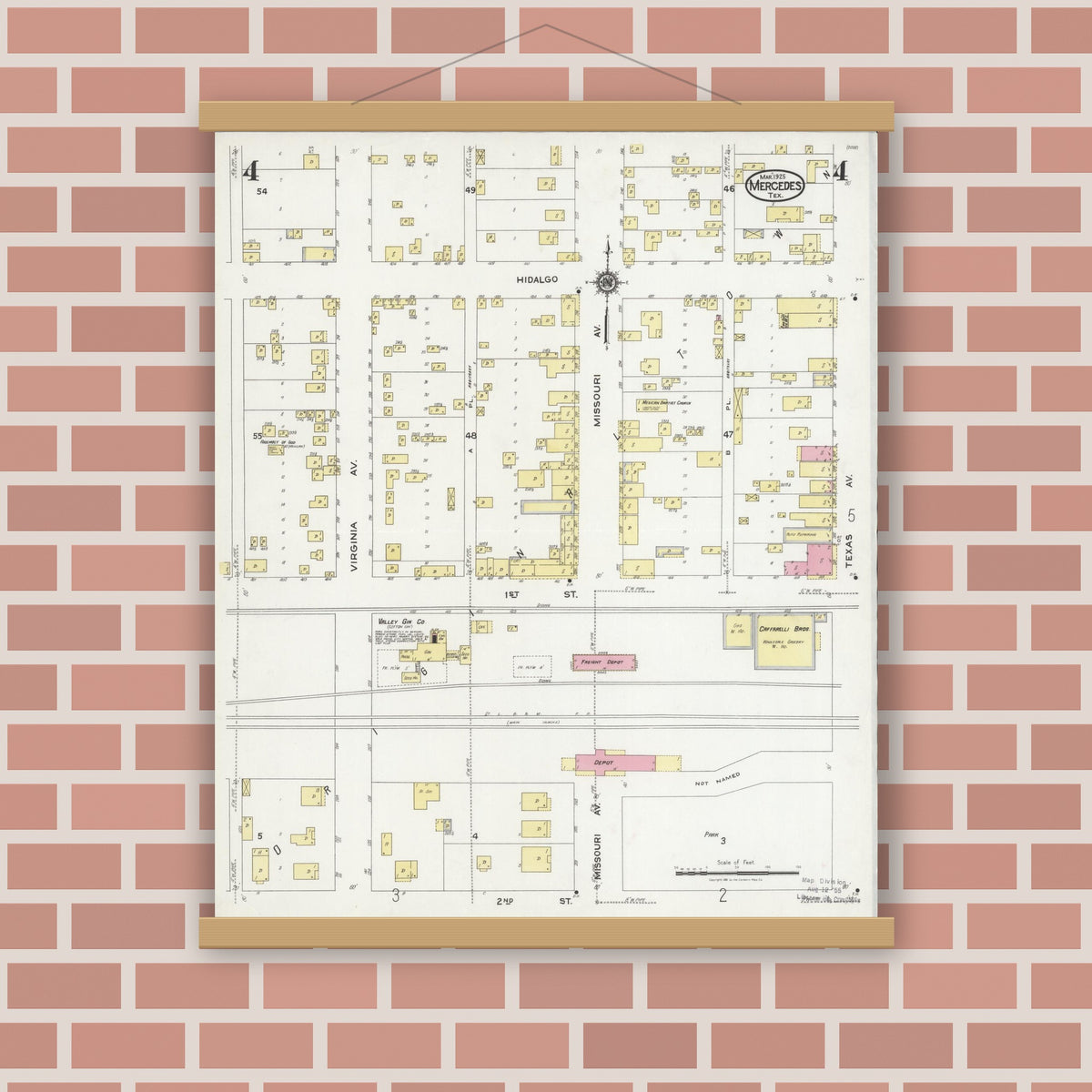 Old map wall art mockup — magnetic wood frame on brick wall — Sanborn Fire Insurance Map from Mercedes, Hidalgo County, Texas (1925), Sheet #0004