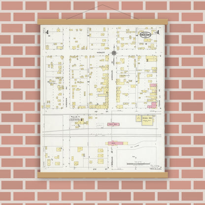 Old map wall art mockup — magnetic wood frame on brick wall — Sanborn Fire Insurance Map from Mercedes, Hidalgo County, Texas (1925), Sheet #0004
