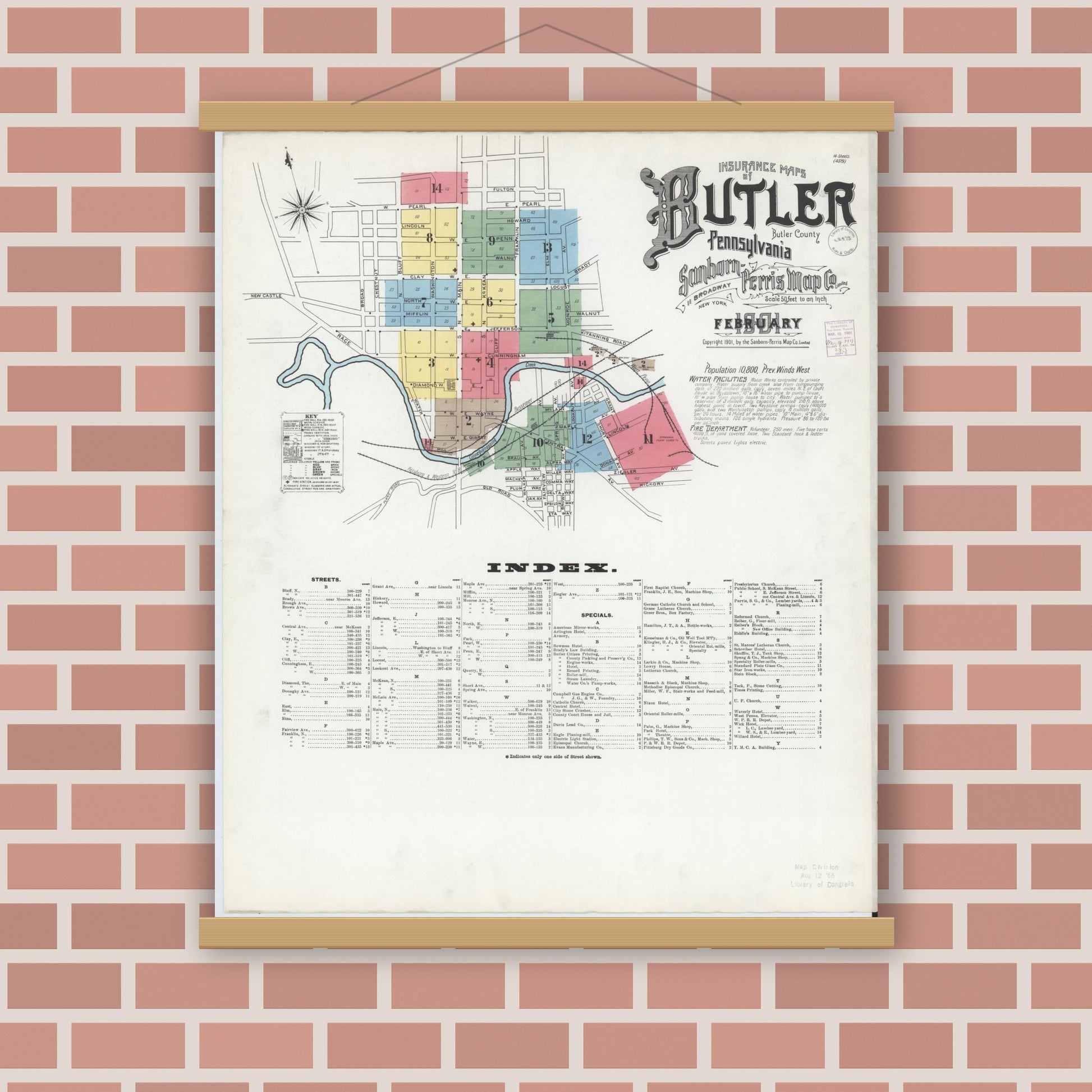 Old map wall art mockup — magnetic wood frame on brick wall — Sanborn Fire Insurance Map from Butler, Butler County, Pennsylvania (1901), Sheet #0001