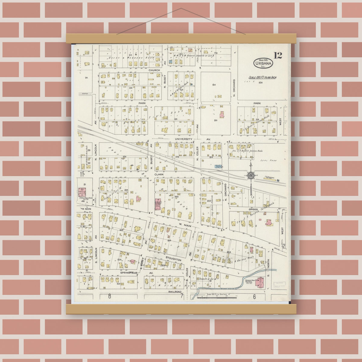 Old map wall art mockup — magnetic wood frame on brick wall — Sanborn Fire Insurance Map from Urbana, Champaign County, Illinois (1915), Sheet #0012
