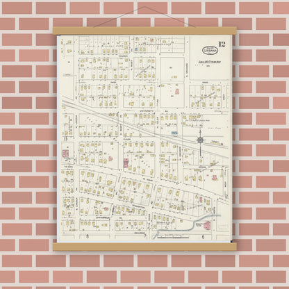 Old map wall art mockup — magnetic wood frame on brick wall — Sanborn Fire Insurance Map from Urbana, Champaign County, Illinois (1915), Sheet #0012