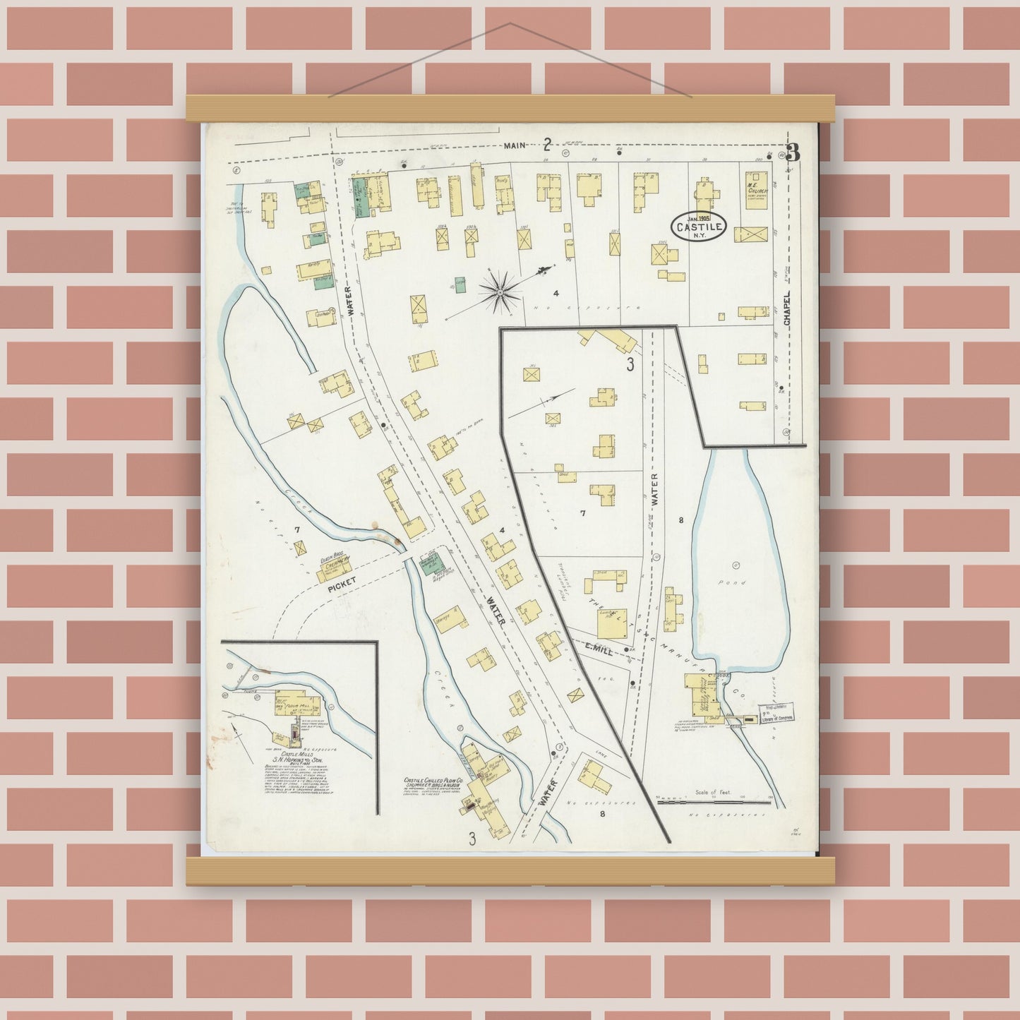 Old map wall art mockup — magnetic wood frame on brick wall — Sanborn Fire Insurance Map from Castile, Wyoming County, New York (1905), Sheet #0003