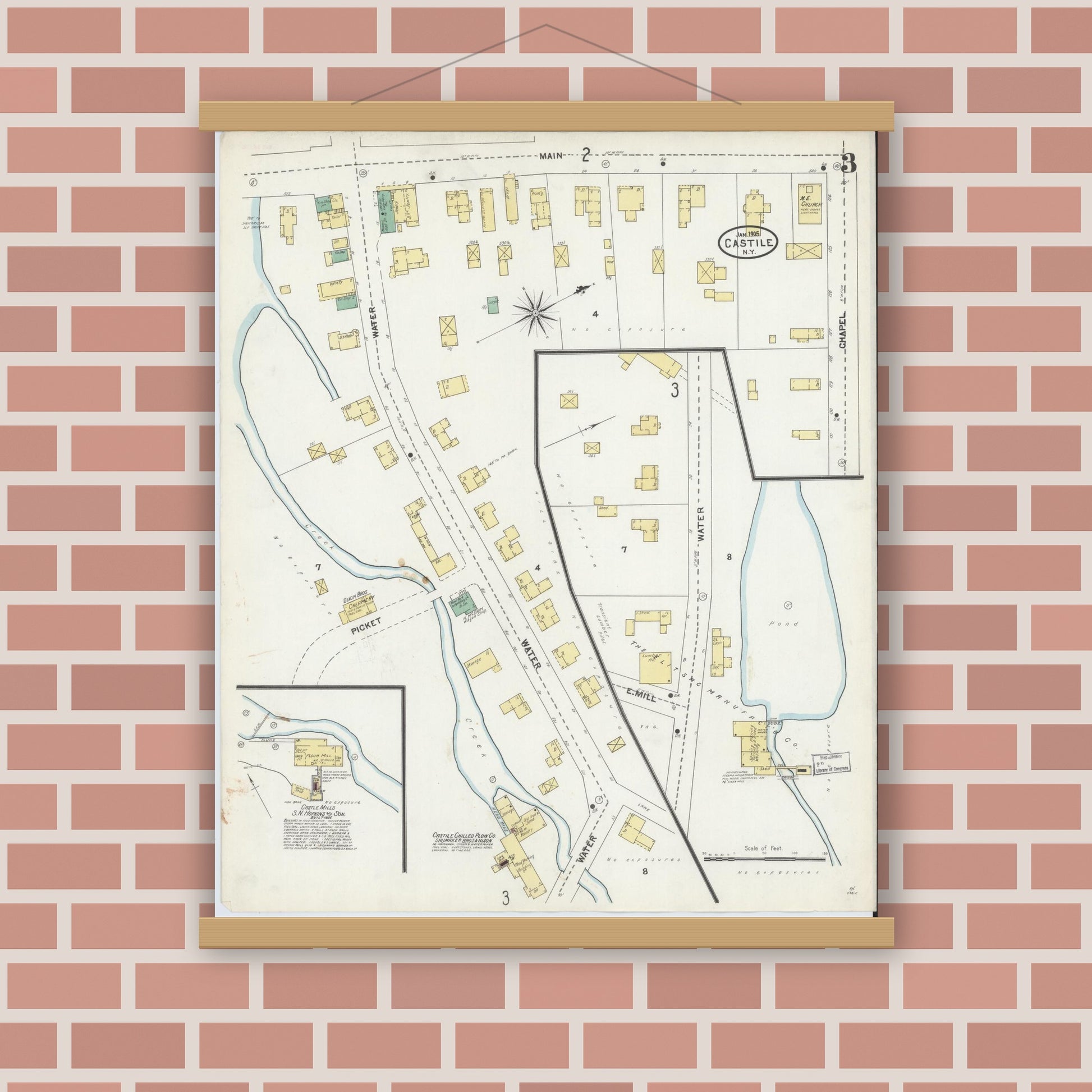 Old map wall art mockup — magnetic wood frame on brick wall — Sanborn Fire Insurance Map from Castile, Wyoming County, New York (1905), Sheet #0003