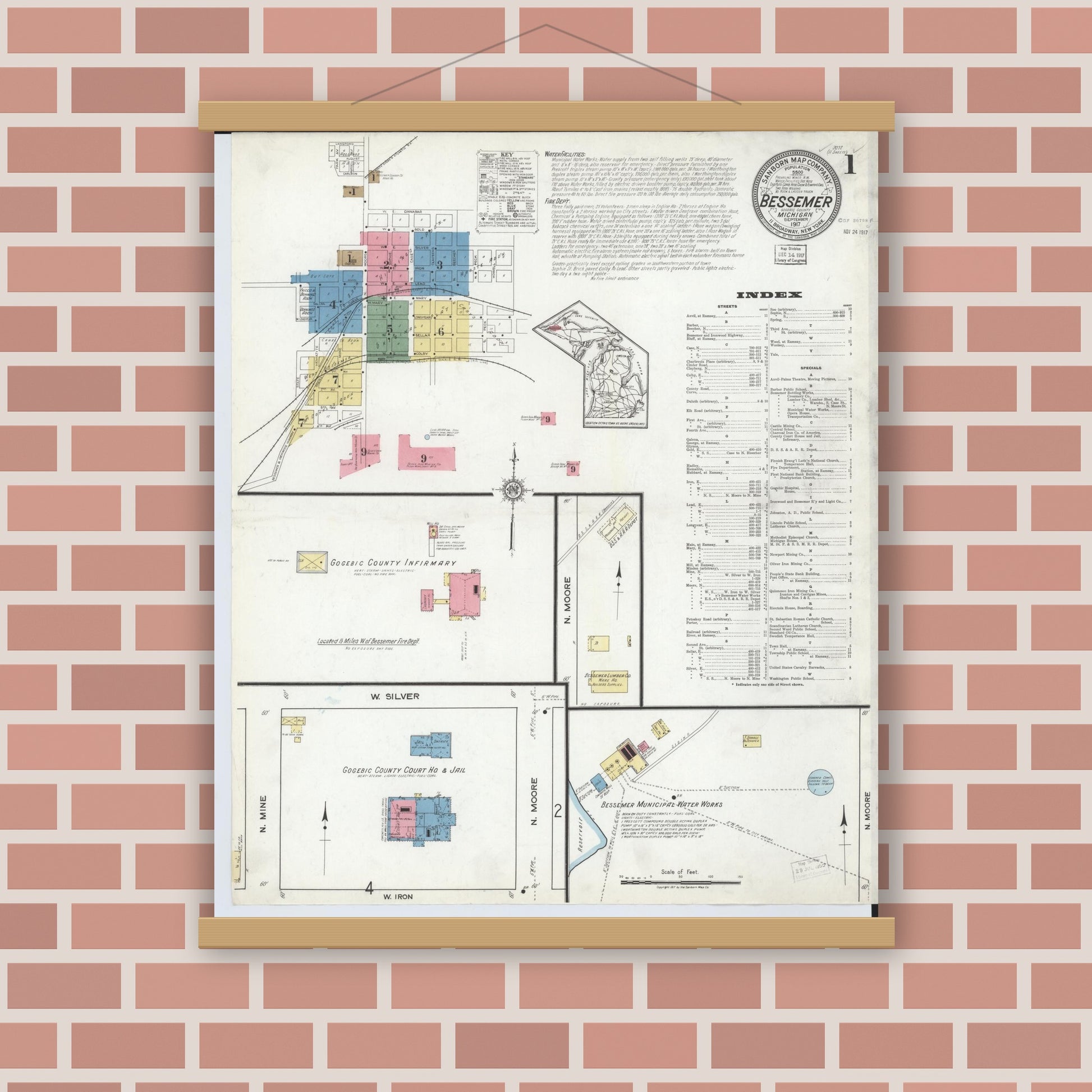 Old map wall art mockup — magnetic wood frame on brick wall — Sanborn Fire Insurance Map from Bessemer, Gogebic County, Michigan (1917), Sheet #0001
