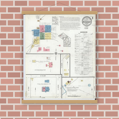 Old map wall art mockup — magnetic wood frame on brick wall — Sanborn Fire Insurance Map from Bessemer, Gogebic County, Michigan (1917), Sheet #0001