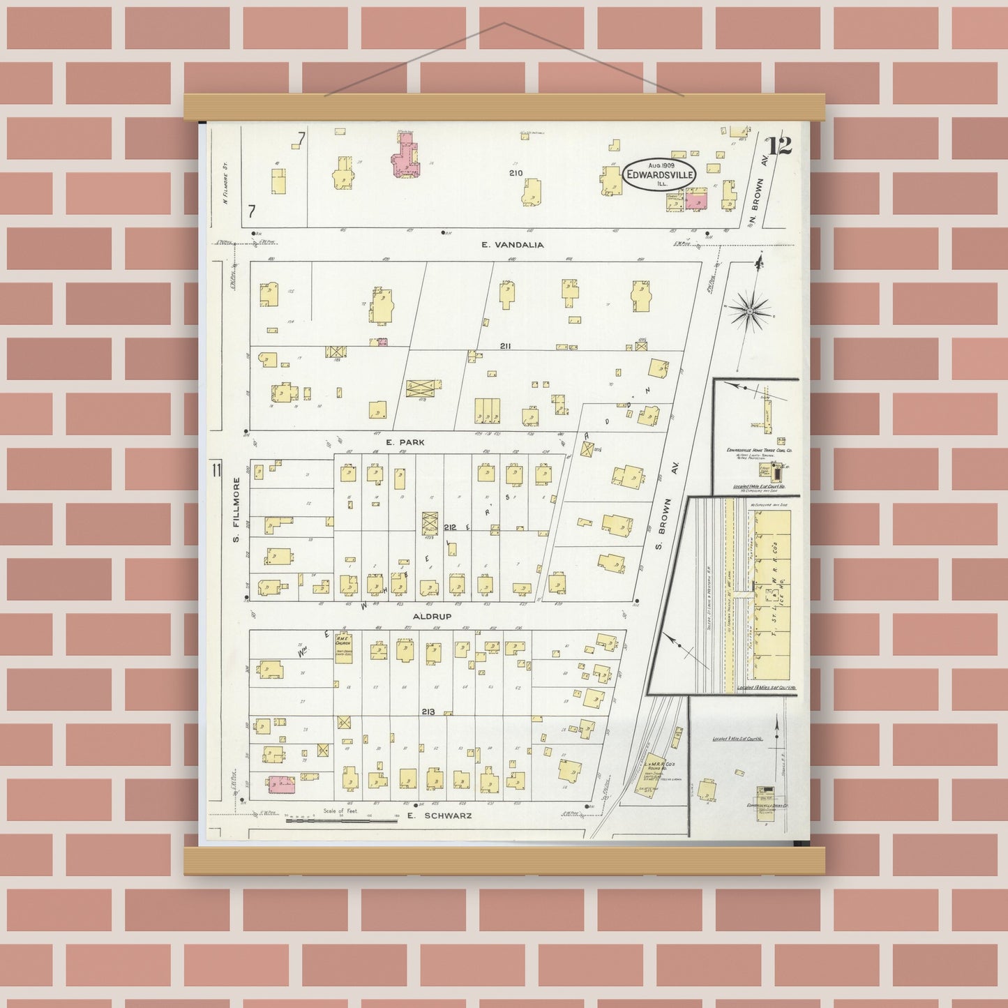 Old map wall art mockup — magnetic wood frame on brick wall — Sanborn Fire Insurance Map from Edwardsville, Madison County, Illinois (1909), Sheet #0012