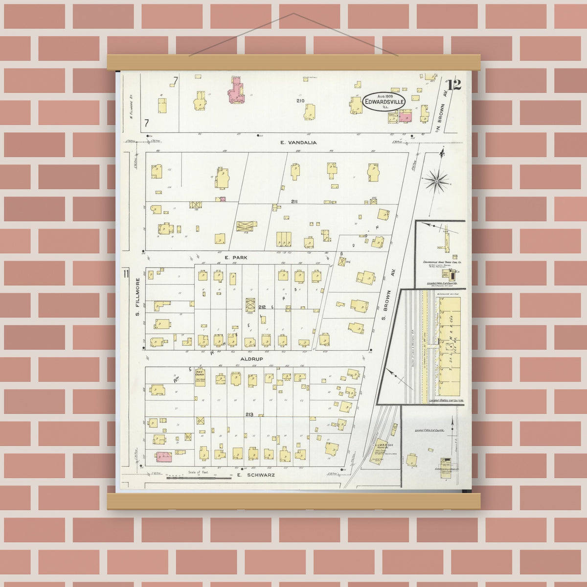 Old map wall art mockup — magnetic wood frame on brick wall — Sanborn Fire Insurance Map from Edwardsville, Madison County, Illinois (1909), Sheet #0012