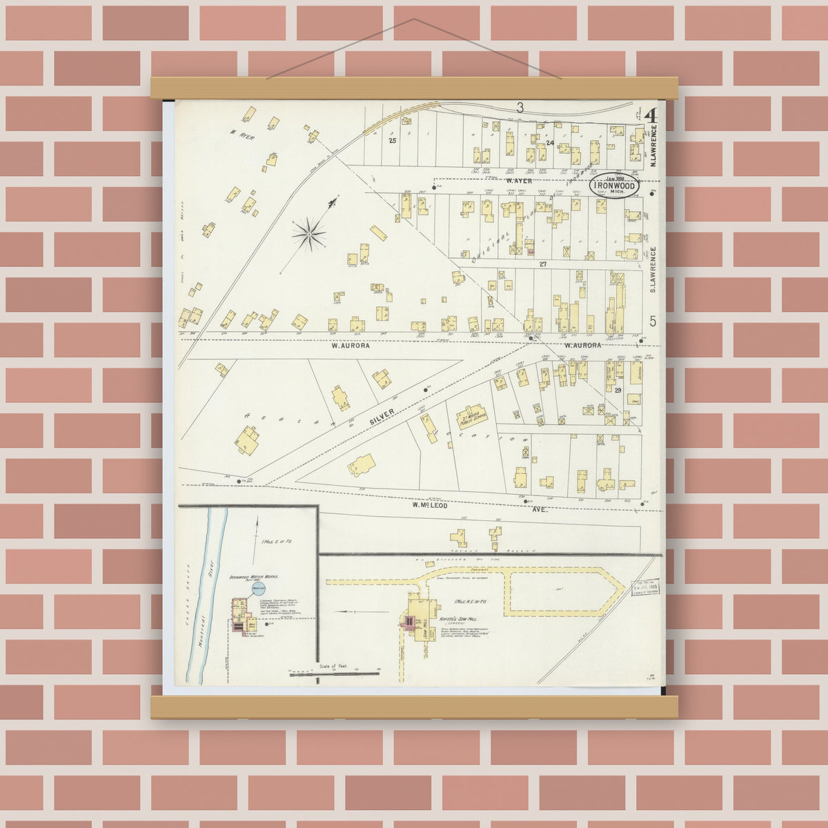 Old map wall art mockup — magnetic wood frame on brick wall — Sanborn Fire Insurance Map from Ironwood, Gogebic County, Michigan (1898), Sheet #0004