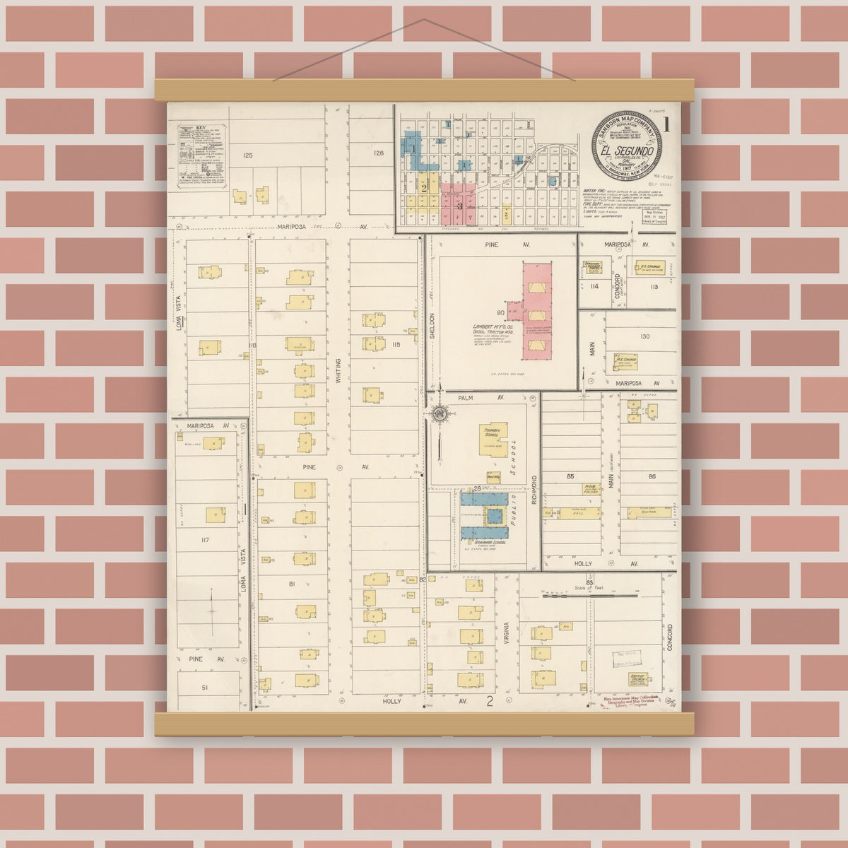 Old map wall art mockup — magnetic wood frame on brick wall — Sanborn Fire Insurance Map from El Segundo, Los Angeles County, California (1917) - Complete Map Set