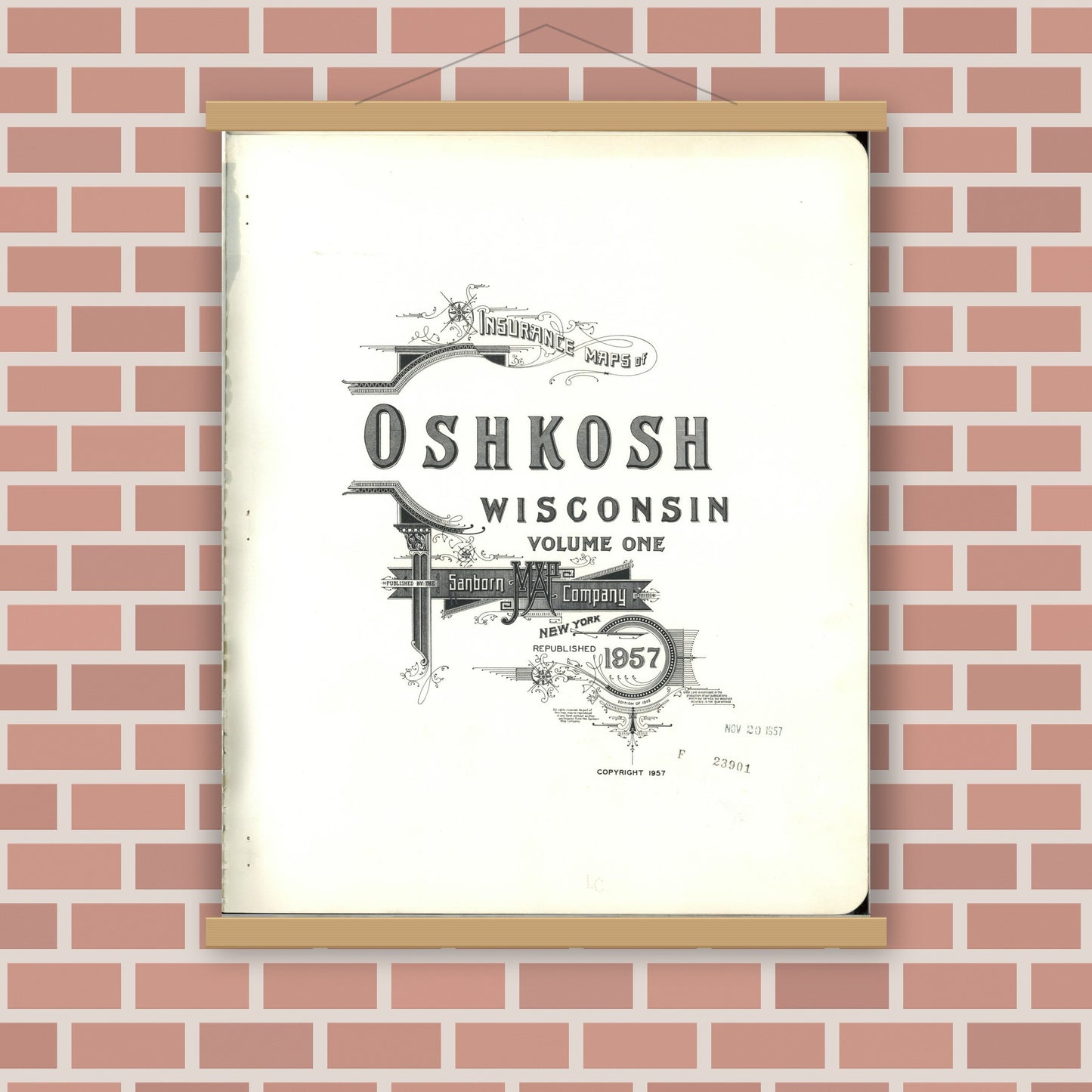 Old map wall art mockup — magnetic wood frame on brick wall — Sanborn Fire Insurance Map from Oshkosh, Winnebago County, Wisconsin (1957), Sheet #0001