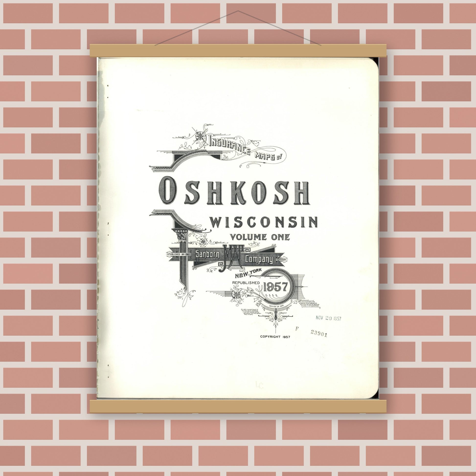 Old map wall art mockup — magnetic wood frame on brick wall — Sanborn Fire Insurance Map from Oshkosh, Winnebago County, Wisconsin (1957), Sheet #0001