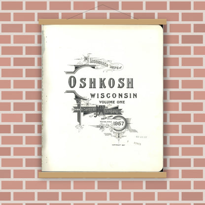Old map wall art mockup — magnetic wood frame on brick wall — Sanborn Fire Insurance Map from Oshkosh, Winnebago County, Wisconsin (1957), Sheet #0001