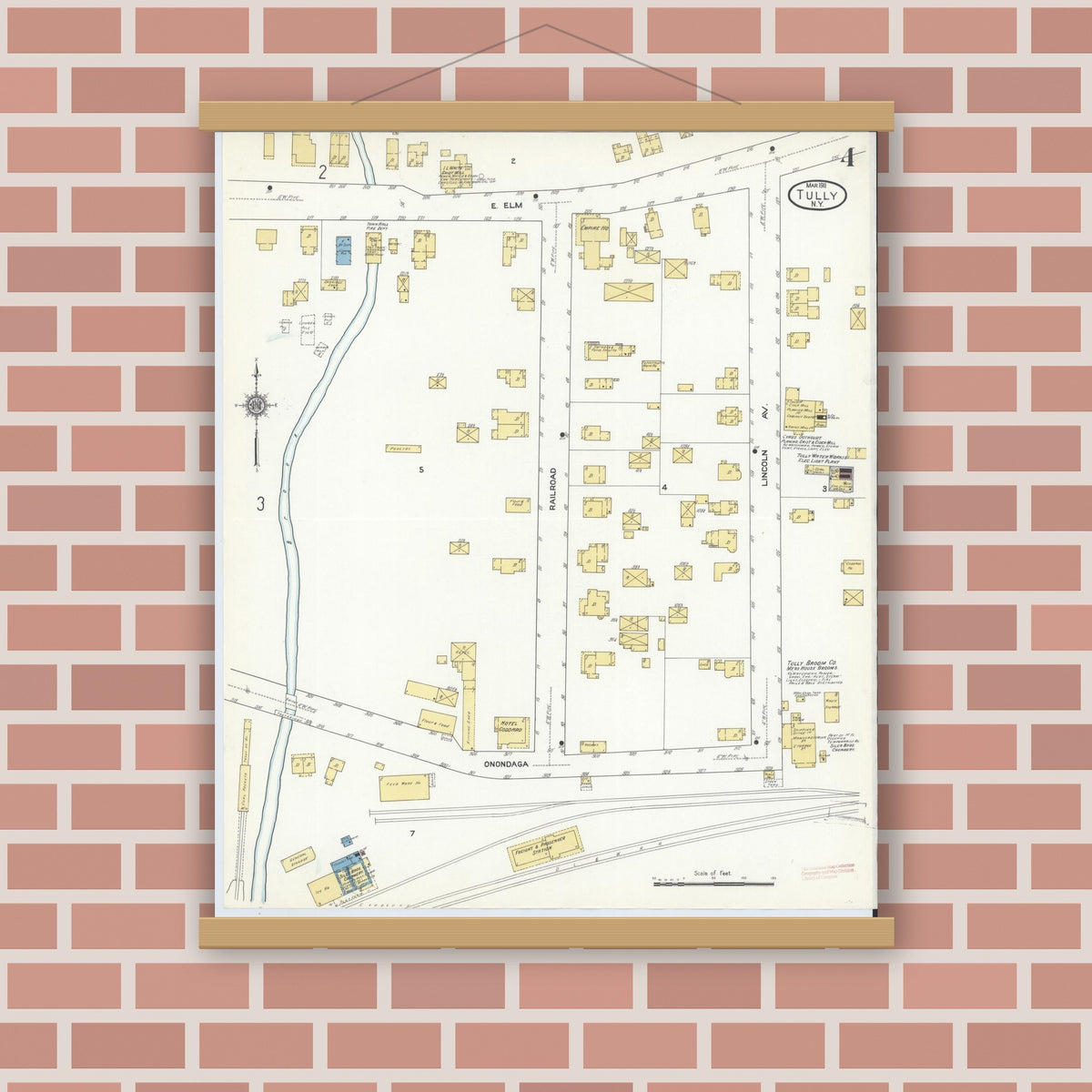 Old map wall art mockup — magnetic wood frame on brick wall — Sanborn Fire Insurance Map from Tully, Onondaga County, New York (1911), Sheet #0004