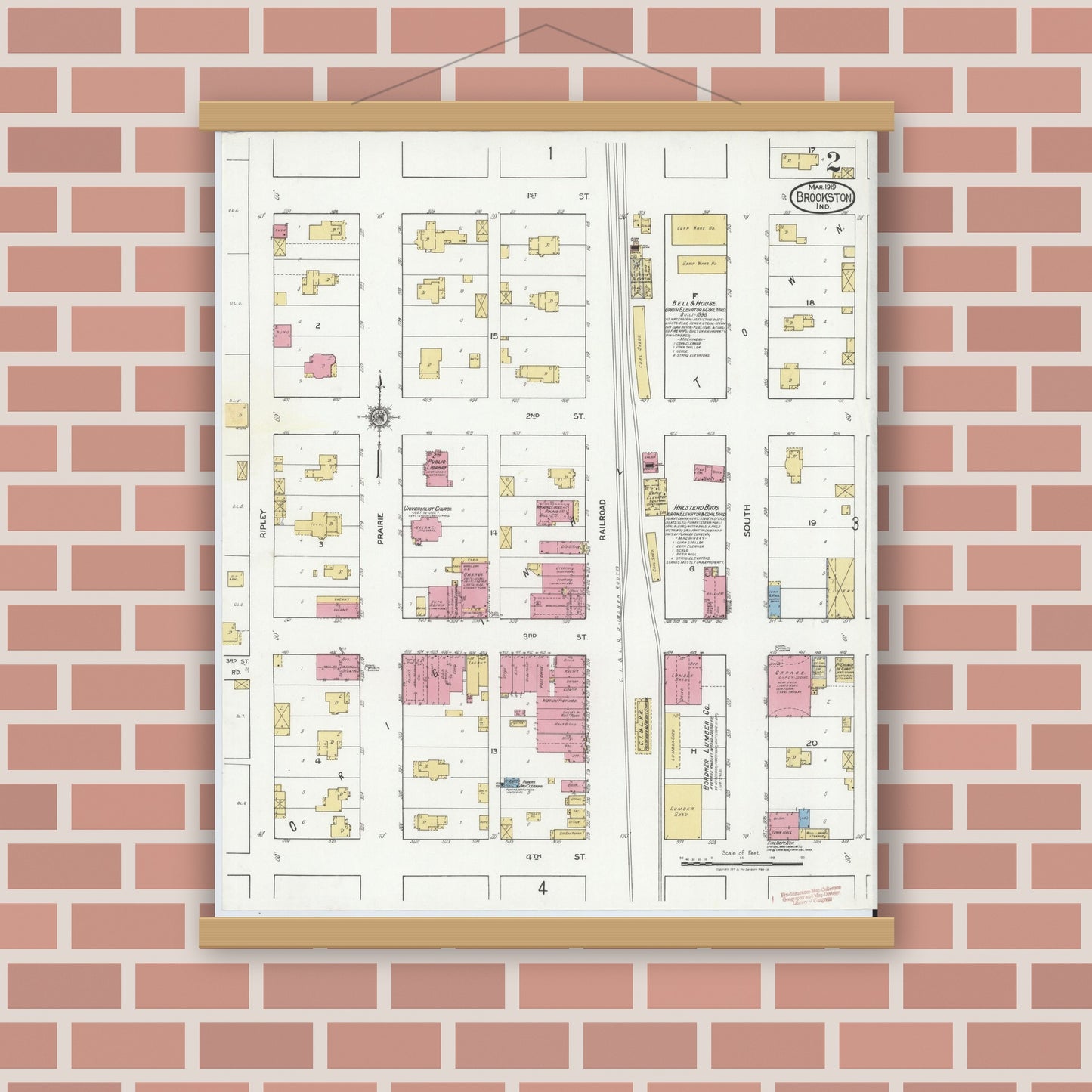 Old map wall art mockup — magnetic wood frame on brick wall — Sanborn Fire Insurance Map from Brookston, White County, Indiana (1919), Sheet #0002