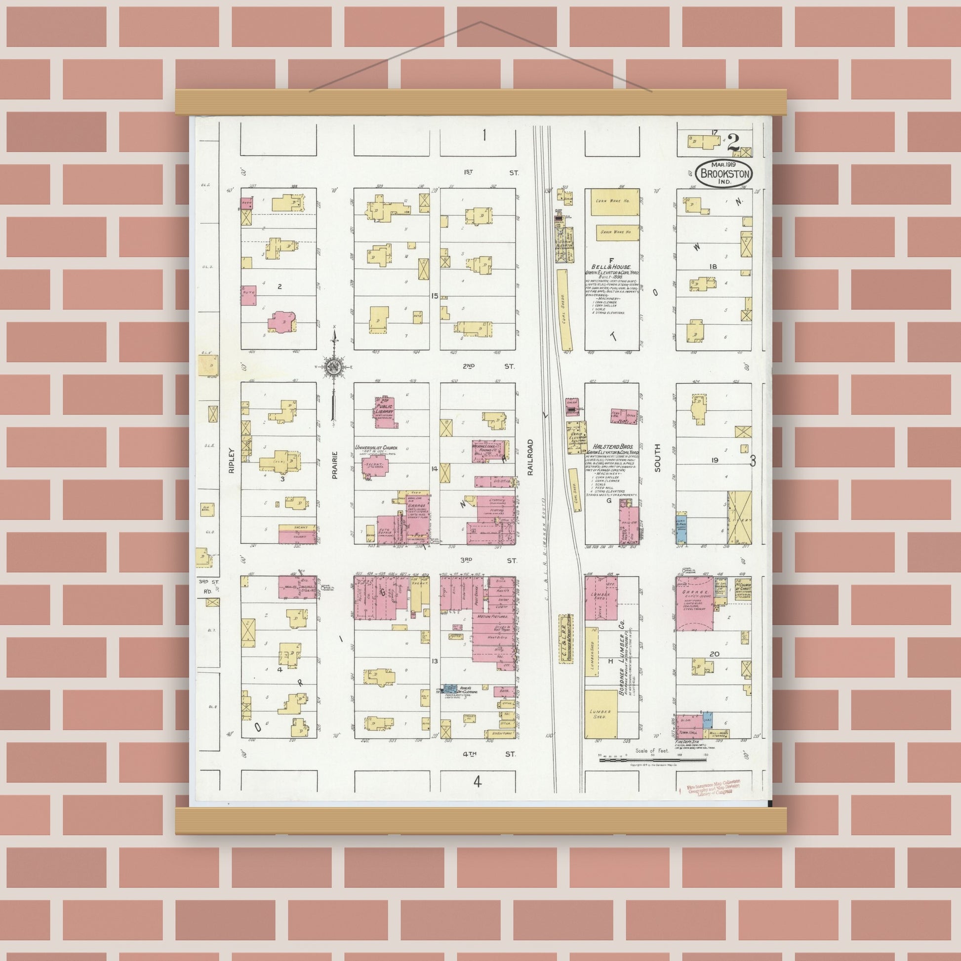 Old map wall art mockup — magnetic wood frame on brick wall — Sanborn Fire Insurance Map from Brookston, White County, Indiana (1919), Sheet #0002