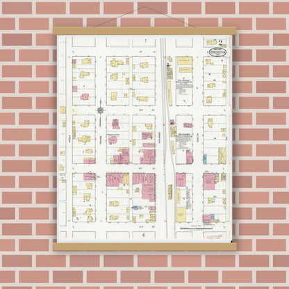 Old map wall art mockup — magnetic wood frame on brick wall — Sanborn Fire Insurance Map from Brookston, White County, Indiana (1919), Sheet #0002
