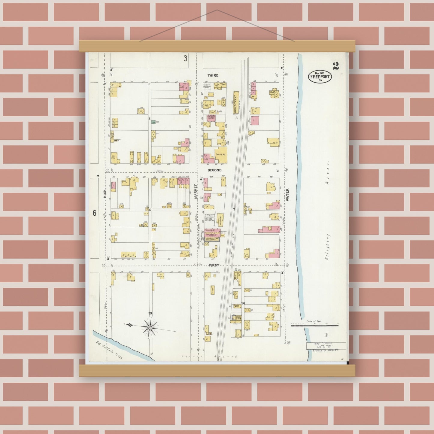 Old map wall art mockup — magnetic wood frame on brick wall — Sanborn Fire Insurance Map from Freeport, Armstrong County, Pennsylvania (1902), Sheet #0002