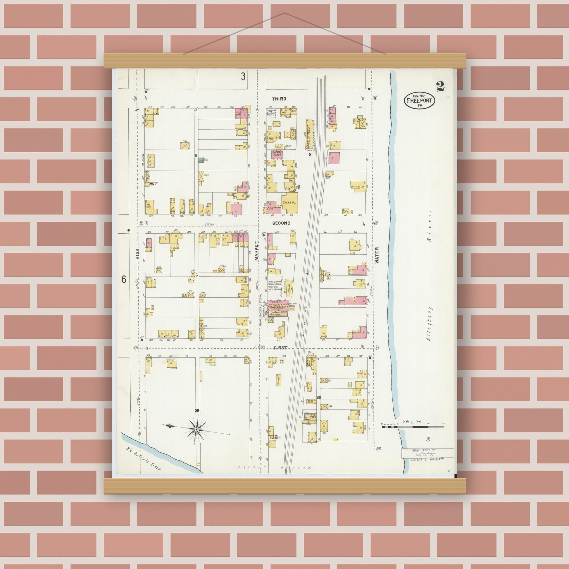 Old map wall art mockup — magnetic wood frame on brick wall — Sanborn Fire Insurance Map from Freeport, Armstrong County, Pennsylvania (1902), Sheet #0002