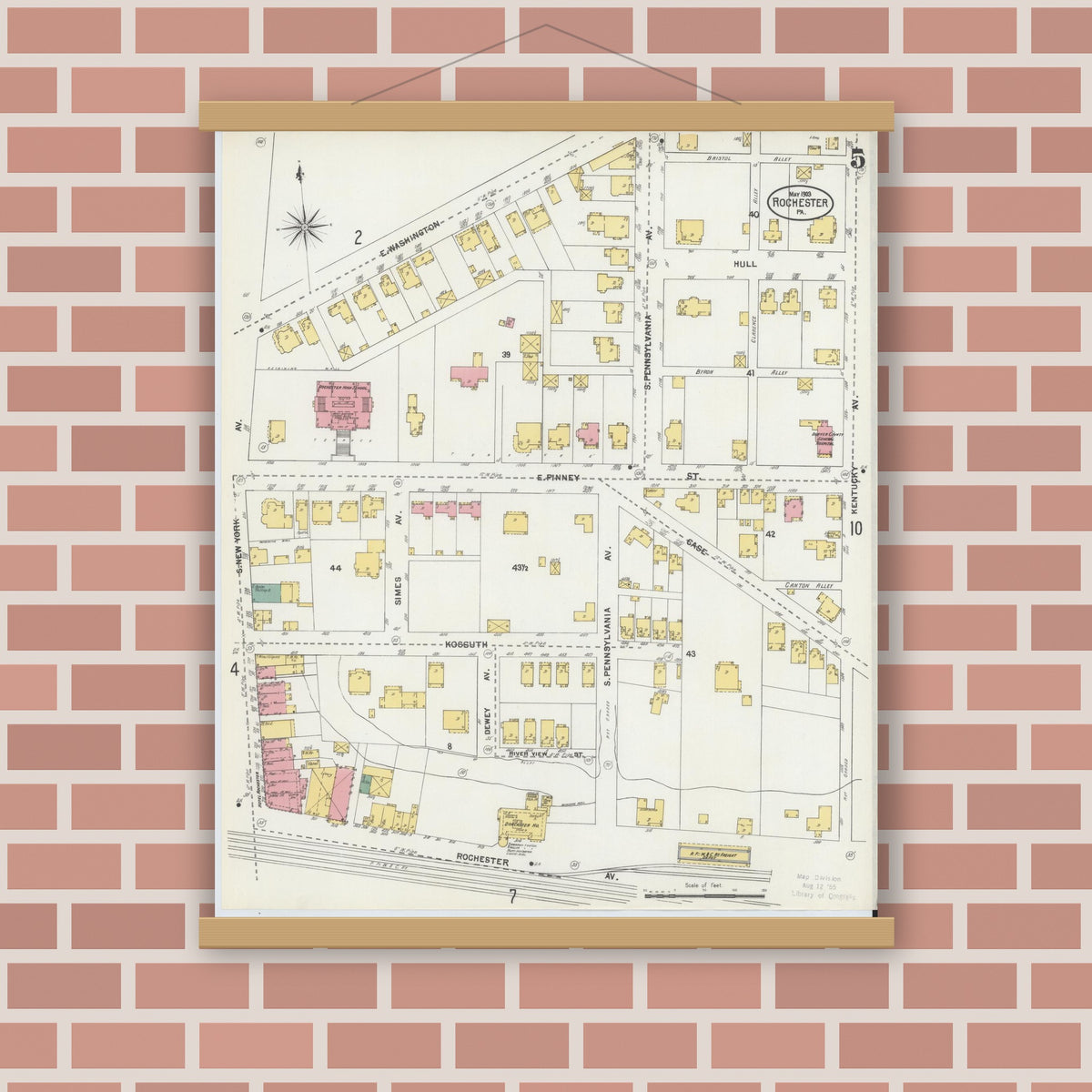 Old map wall art mockup — magnetic wood frame on brick wall — Sanborn Fire Insurance Map from Rochester, Beaver County, Pennsylvania (1903), Sheet #0005