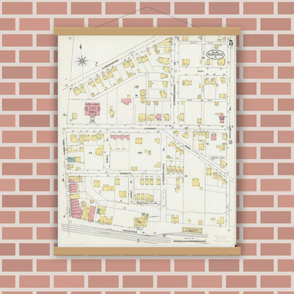 Old map wall art mockup — magnetic wood frame on brick wall — Sanborn Fire Insurance Map from Rochester, Beaver County, Pennsylvania (1903), Sheet #0005