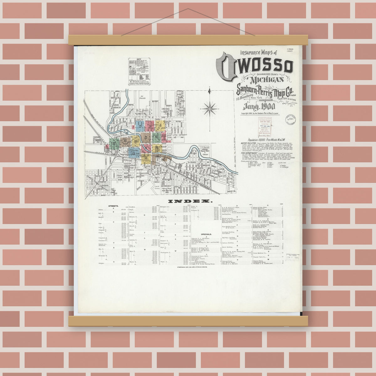 Old map wall art mockup — magnetic wood frame on brick wall — Sanborn Fire Insurance Map from Owosso, Shiawassee County, Michigan (1900), Sheet #0001