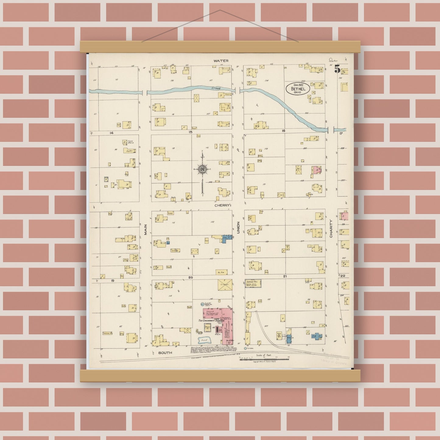 Old map wall art mockup — magnetic wood frame on brick wall — Sanborn Fire Insurance Map from Bethel, Clermont County, Ohio (1922), Sheet #0005