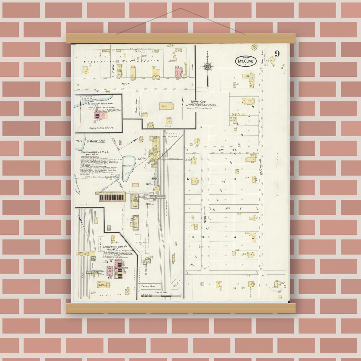 Old map wall art mockup — magnetic wood frame on brick wall — Sanborn Fire Insurance Map from Mount Olive, Macoupin County, Illinois (1910), Sheet #0009