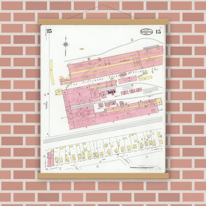 Old map wall art mockup — magnetic wood frame on brick wall — Sanborn Fire Insurance Map from Barberton, Summit County, Ohio (1927), Sheet #0015
