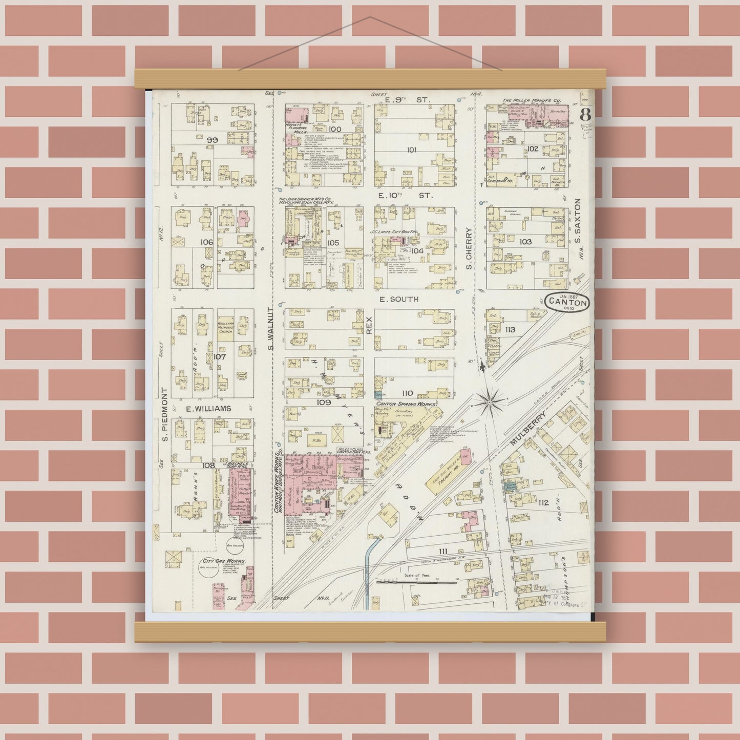 Old map wall art mockup — magnetic wood frame on brick wall — Sanborn Fire Insurance Map from Canton, Stark County, Ohio (1887), Sheet #0008