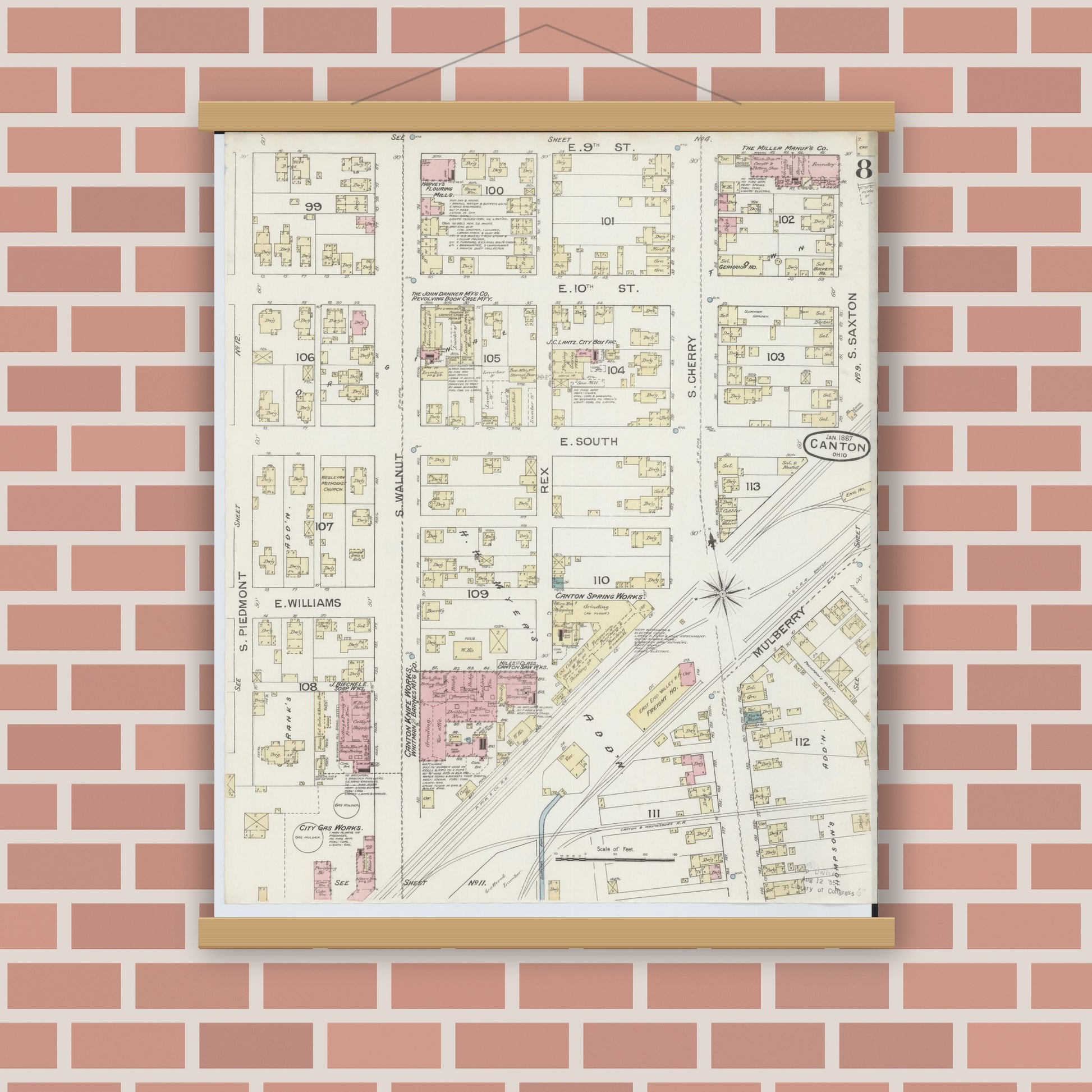 Old map wall art mockup — magnetic wood frame on brick wall — Sanborn Fire Insurance Map from Canton, Stark County, Ohio (1887), Sheet #0008