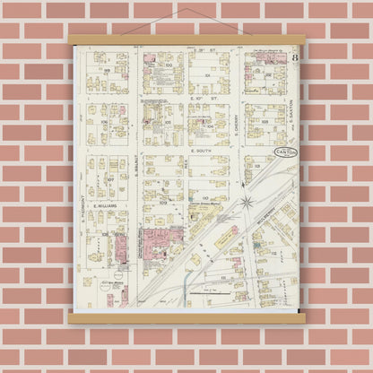 Old map wall art mockup — magnetic wood frame on brick wall — Sanborn Fire Insurance Map from Canton, Stark County, Ohio (1887), Sheet #0008