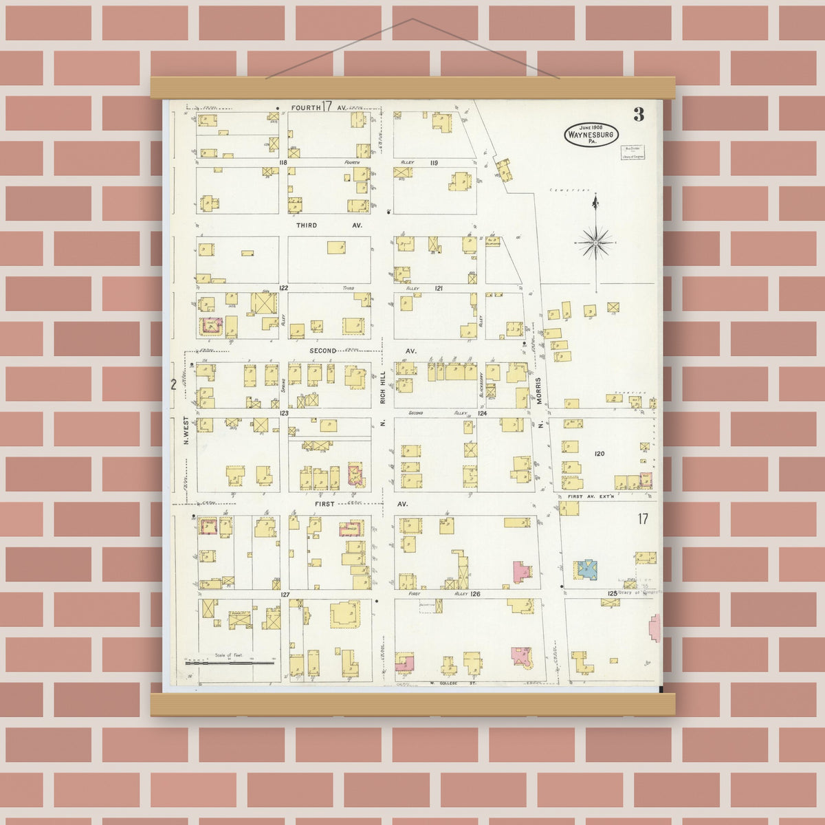 Old map wall art mockup — magnetic wood frame on brick wall — Sanborn Fire Insurance Map from Waynesburg, Greene County, Pennsylvania (1908), Sheet #0003