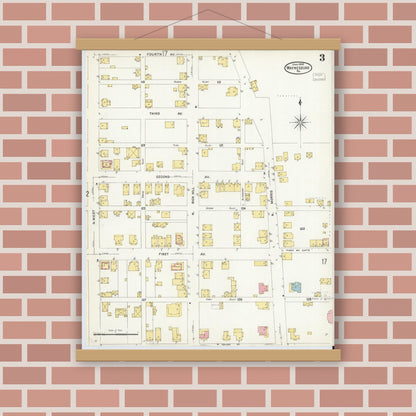 Old map wall art mockup — magnetic wood frame on brick wall — Sanborn Fire Insurance Map from Waynesburg, Greene County, Pennsylvania (1908), Sheet #0003