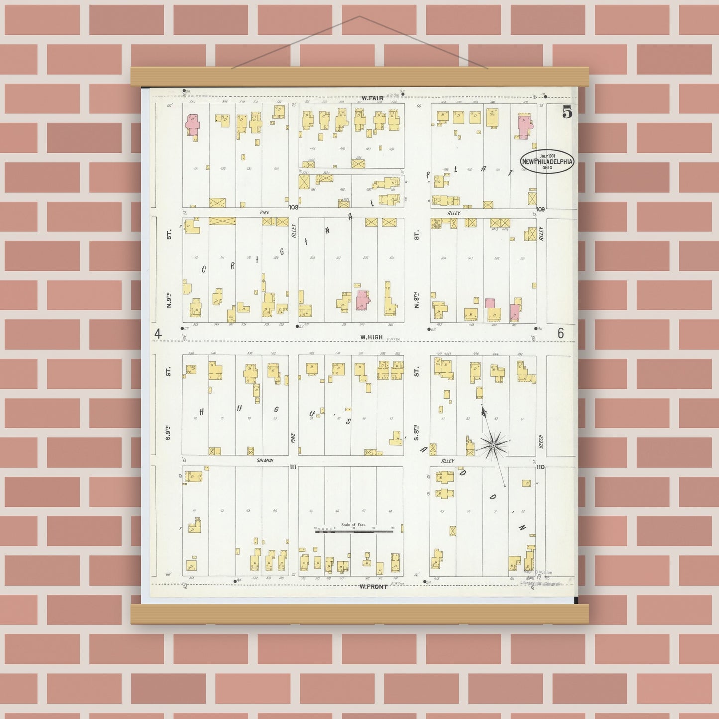 Old map wall art mockup — magnetic wood frame on brick wall — Sanborn Fire Insurance Map from New Philadelphia, Tuscarawas County, Ohio (1901), Sheet #0005