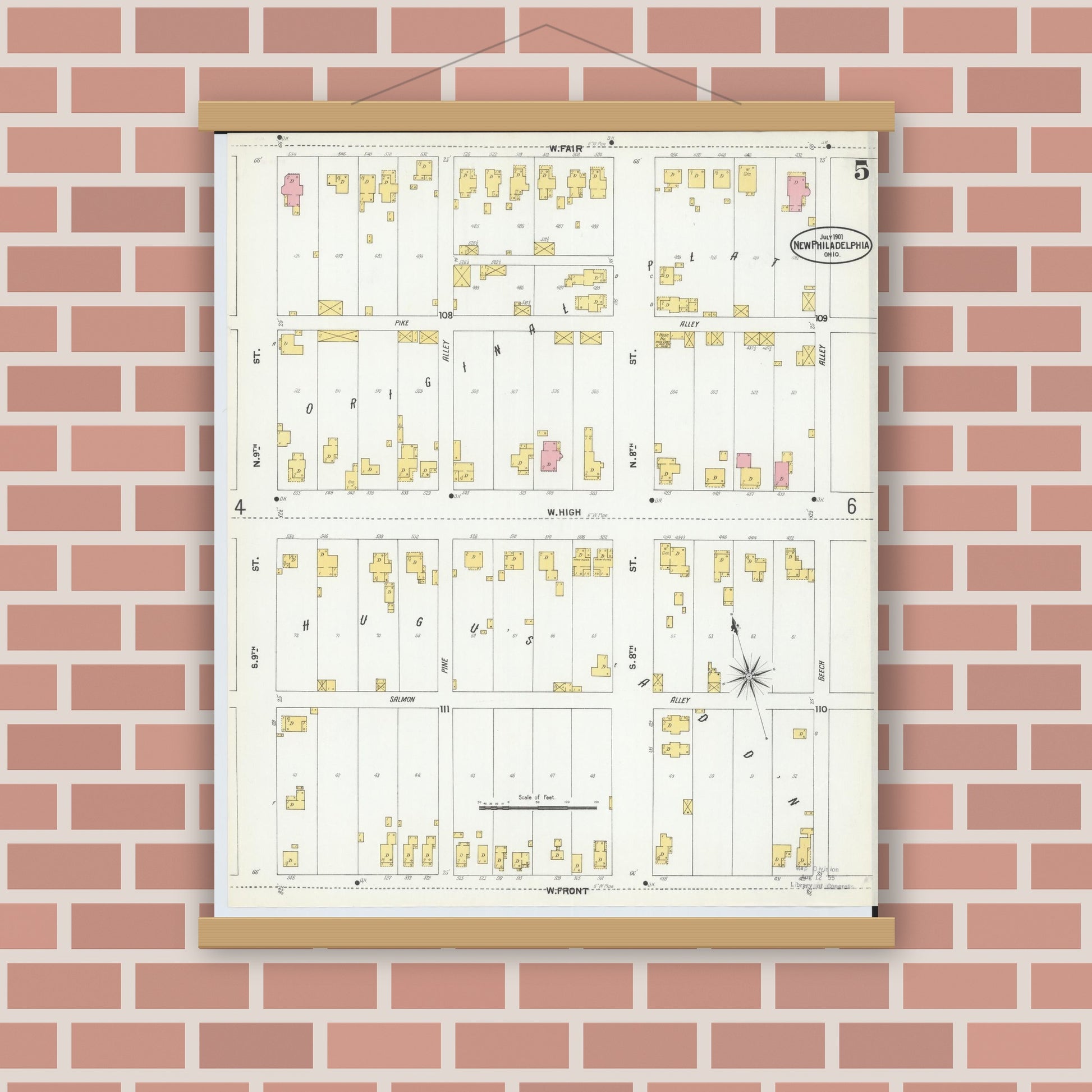 Old map wall art mockup — magnetic wood frame on brick wall — Sanborn Fire Insurance Map from New Philadelphia, Tuscarawas County, Ohio (1901), Sheet #0005