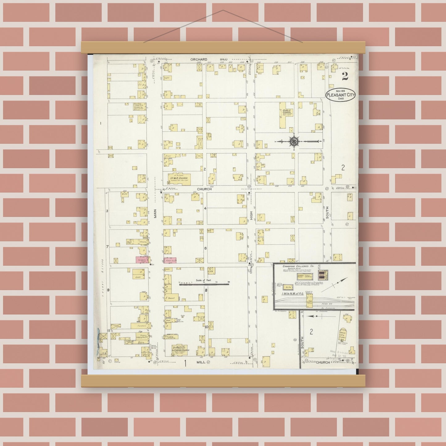Old map wall art mockup — magnetic wood frame on brick wall — Sanborn Fire Insurance Map from Pleasant City, Guernsey County, Ohio (1913), Sheet #0002