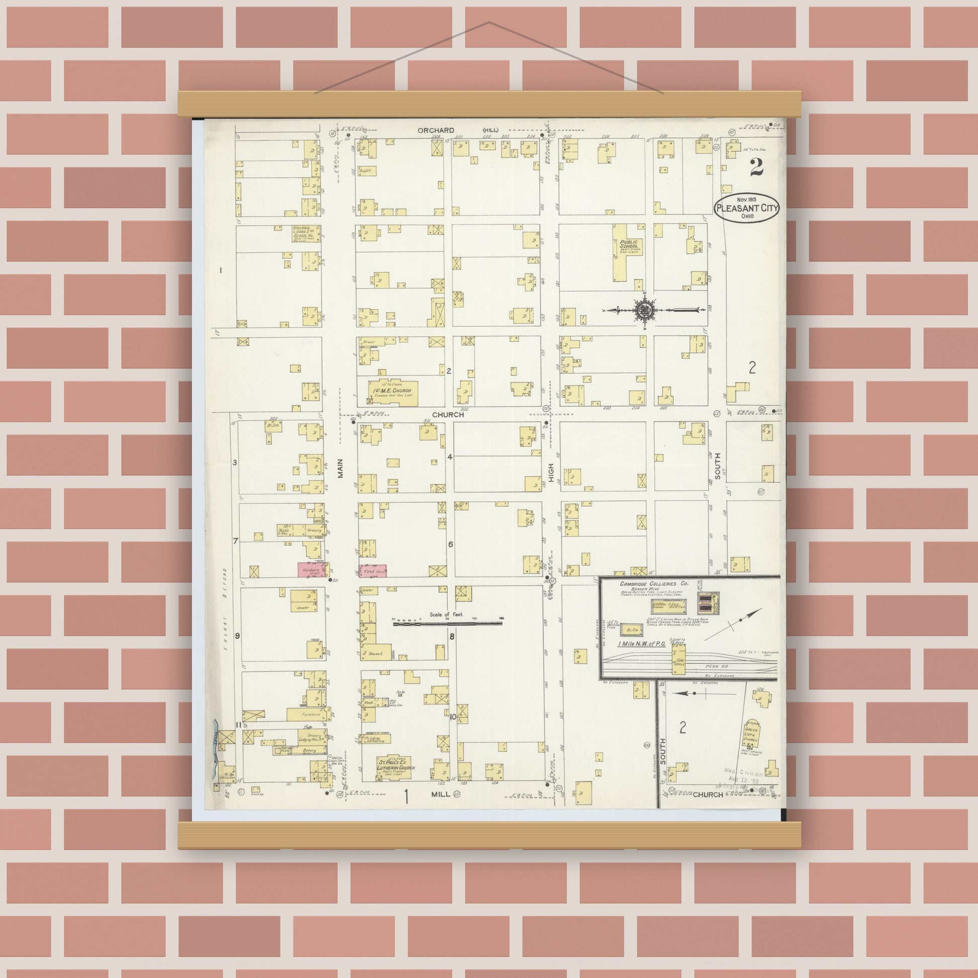 Old map wall art mockup — magnetic wood frame on brick wall — Sanborn Fire Insurance Map from Pleasant City, Guernsey County, Ohio (1913), Sheet #0002