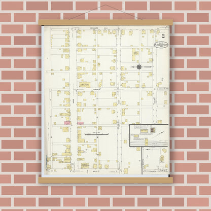 Old map wall art mockup — magnetic wood frame on brick wall — Sanborn Fire Insurance Map from Pleasant City, Guernsey County, Ohio (1913), Sheet #0002