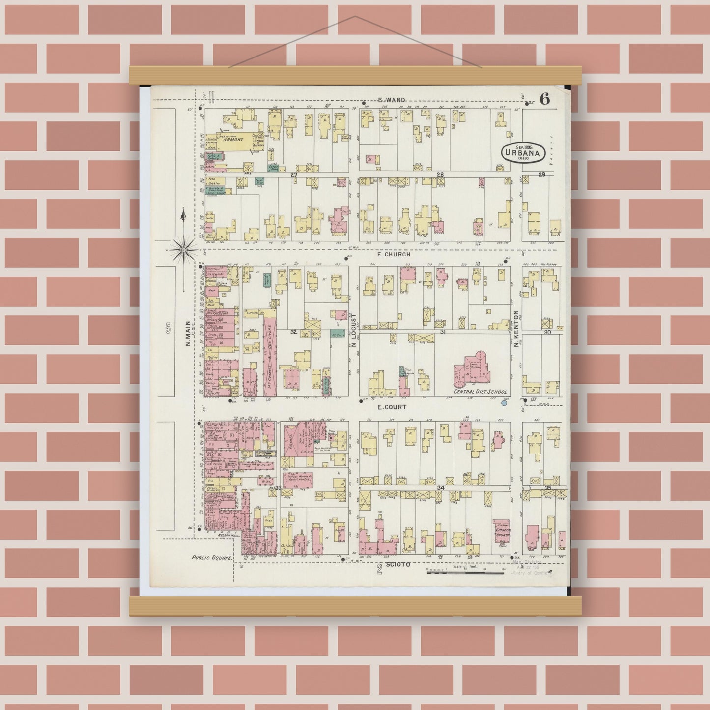 Old map wall art mockup — magnetic wood frame on brick wall — Sanborn Fire Insurance Map from Urbana, Champaign County, Ohio (1895), Sheet #0006