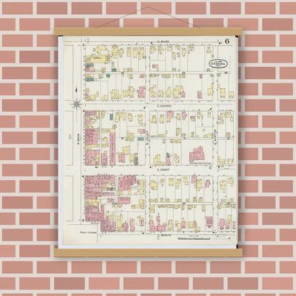 Old map wall art mockup — magnetic wood frame on brick wall — Sanborn Fire Insurance Map from Urbana, Champaign County, Ohio (1895), Sheet #0006