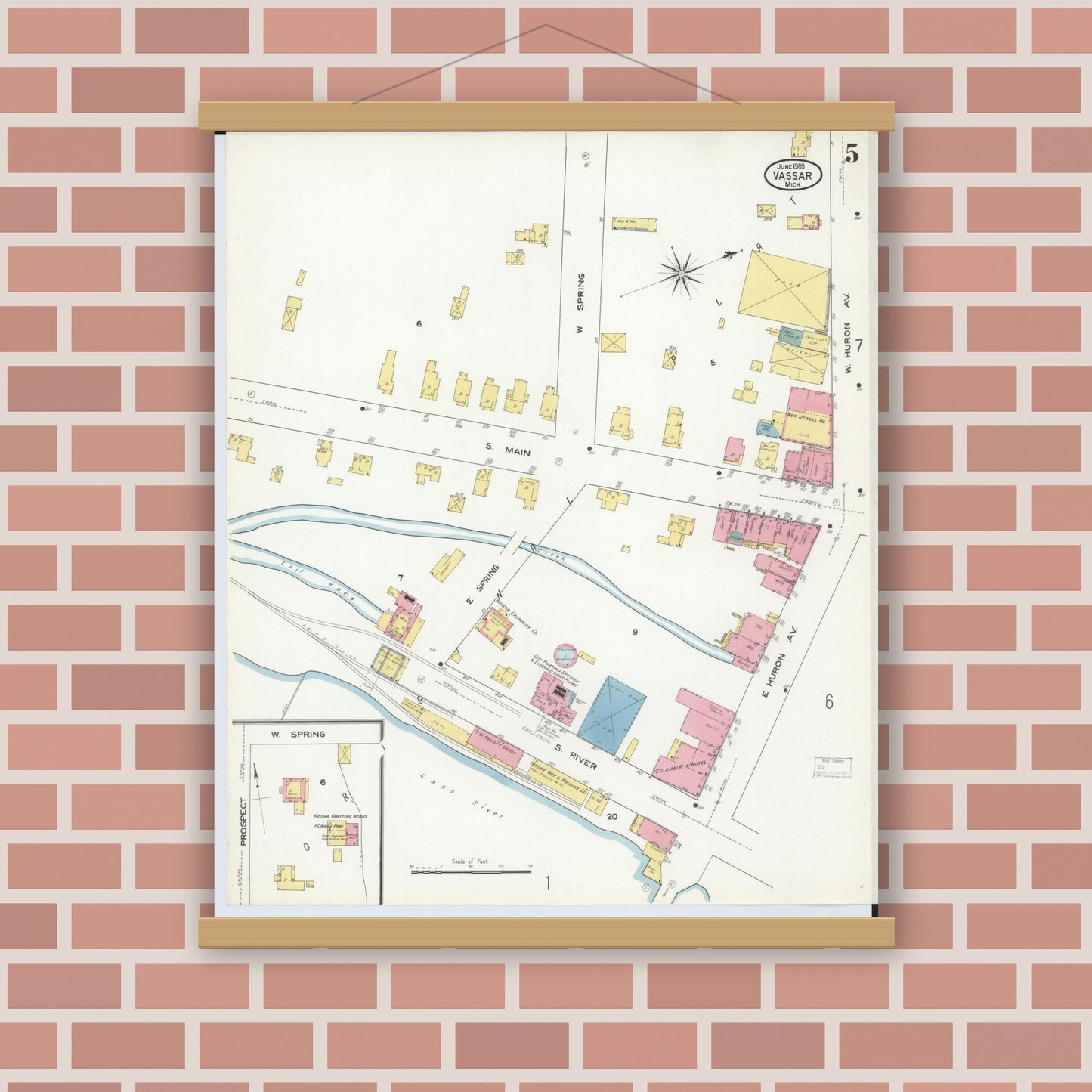 Old map wall art mockup — magnetic wood frame on brick wall — Sanborn Fire Insurance Map from Vassar, Tuscola County, Michigan (1909), Sheet #0005