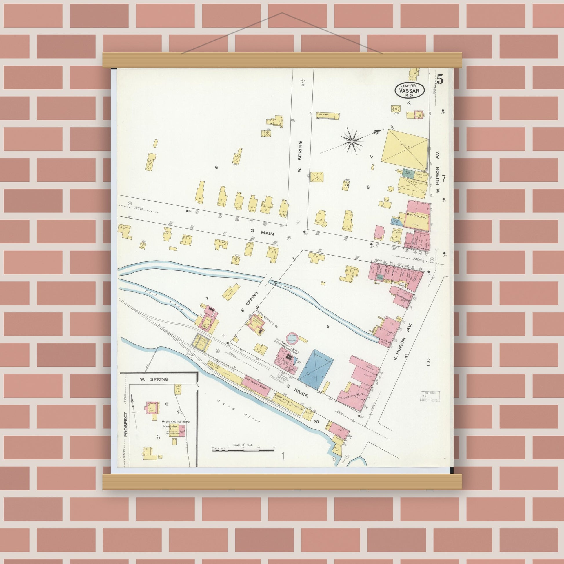 Old map wall art mockup — magnetic wood frame on brick wall — Sanborn Fire Insurance Map from Vassar, Tuscola County, Michigan (1909), Sheet #0005