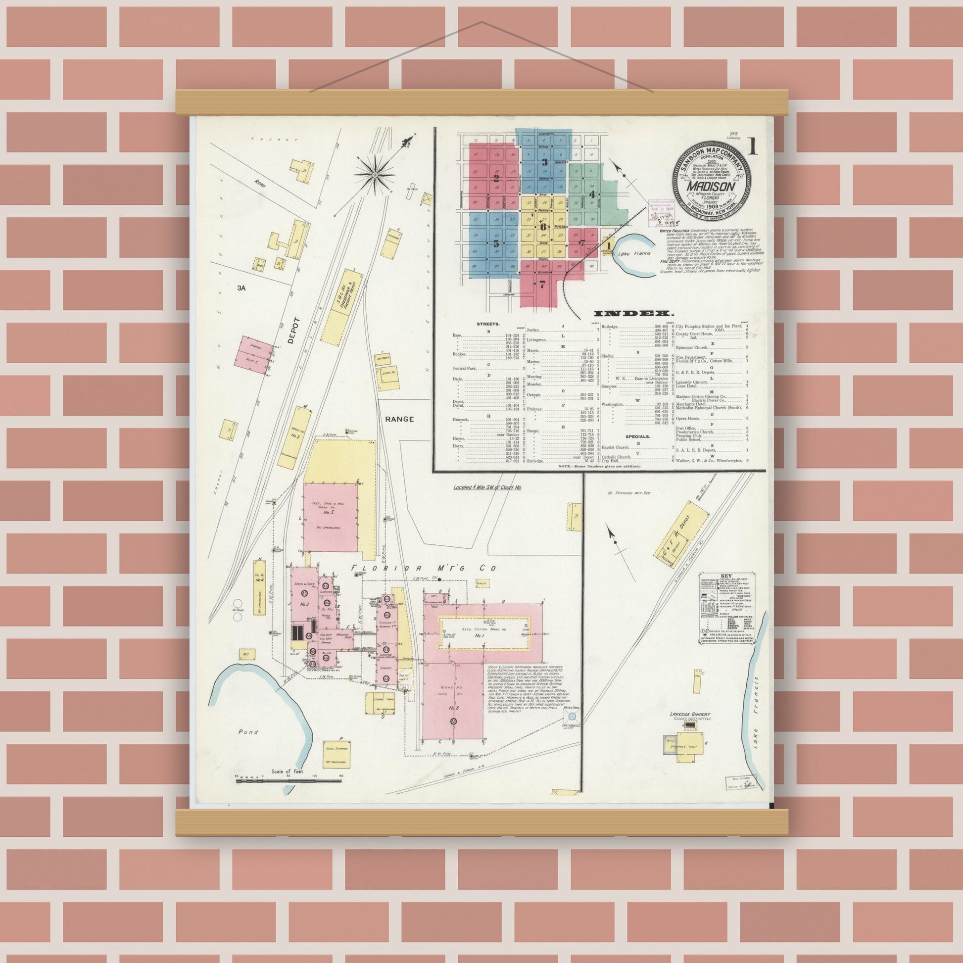 Old map wall art mockup — magnetic wood frame on brick wall — Sanborn Fire Insurance Map from Madison, Madison County, Florida (1909), Sheet #0001